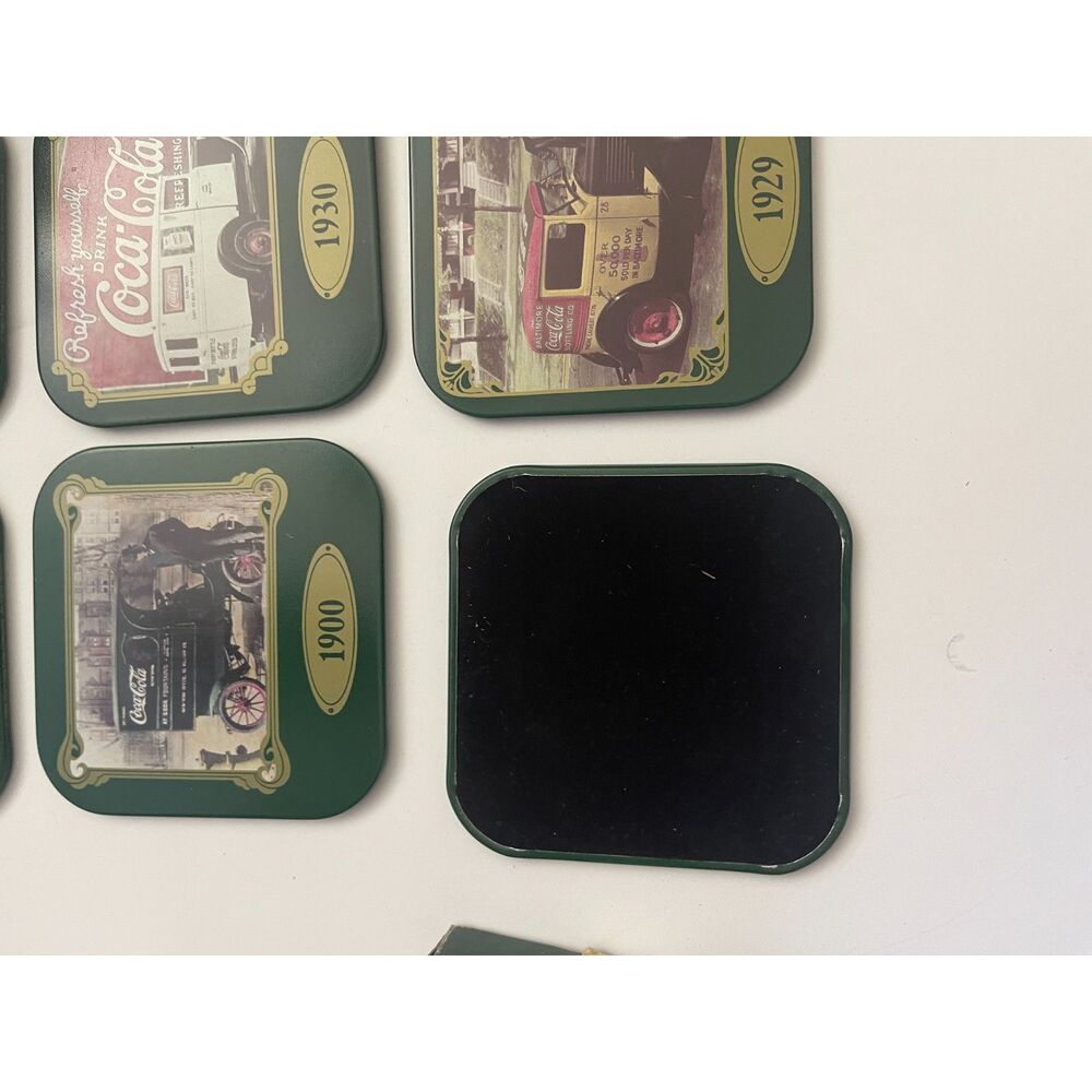 Y2K Coca Cola Coasters Metal 4 Inch Boxed Retro Drink Coke Vintage Lot 6 Green - Picture 5 of 7